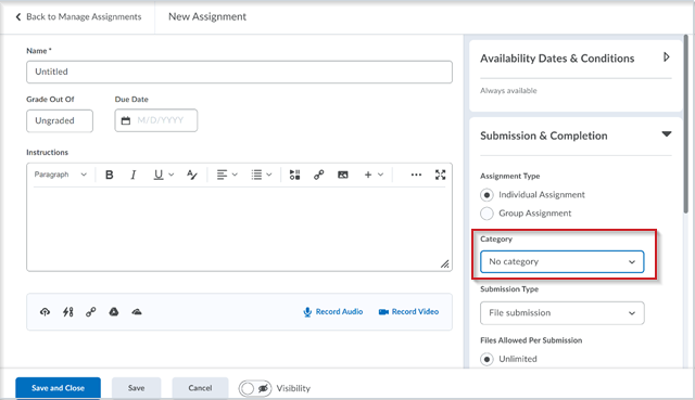 The new assignment creation experience with the ability to align assignments to categories