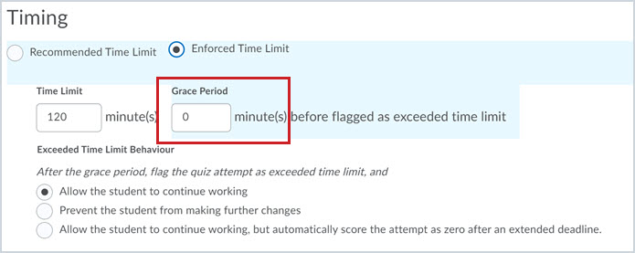 Enter 0 in the Grace Period field that appears with the Enforced Time Limit option for a quiz