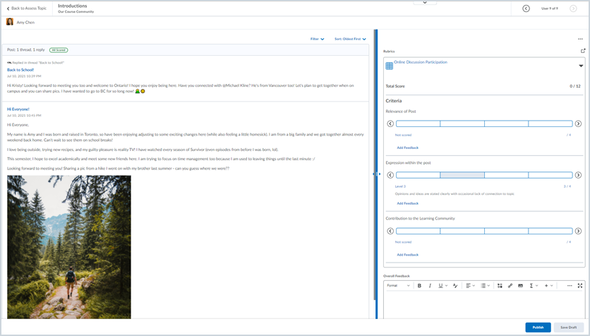 New evaluation experience for Discussions, with posts and evaluation tools displayed side-by-side.