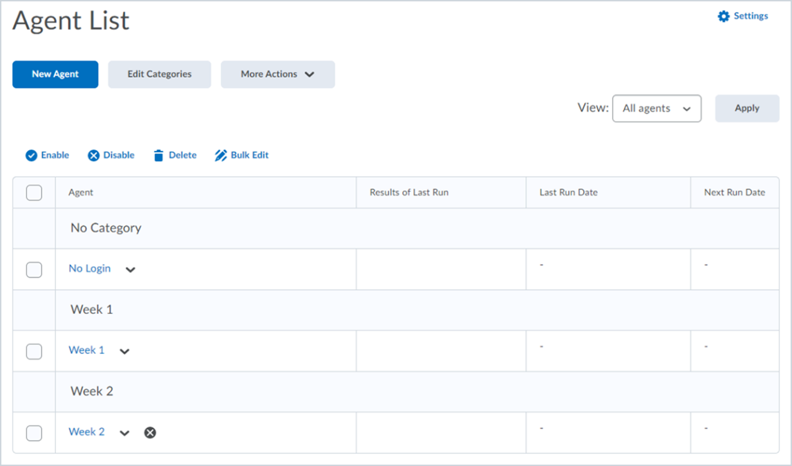 The new Intelligent Agent List page, with the bulk edit and category management functionality.
