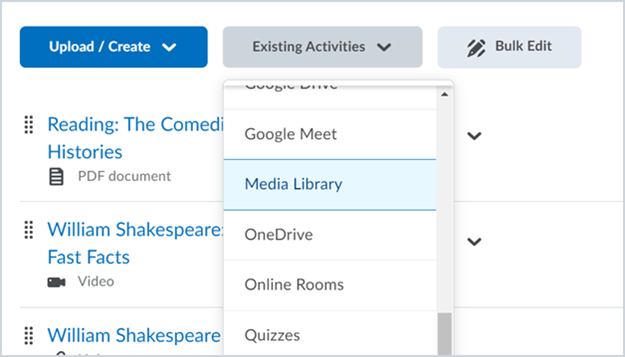 The Media Library option in the Existing Activities dropdown menu of the Classic Content Experience