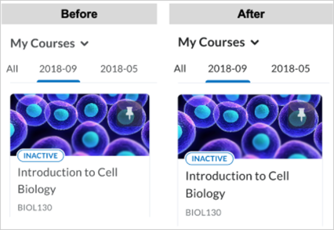 Before and after showing the updated font color visible in the My Courses widget.