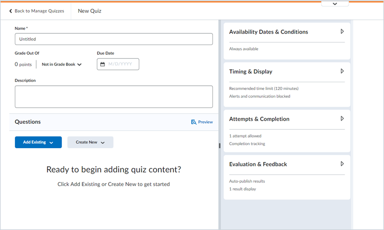 Quizzes tool in Brightspace Learning Environment