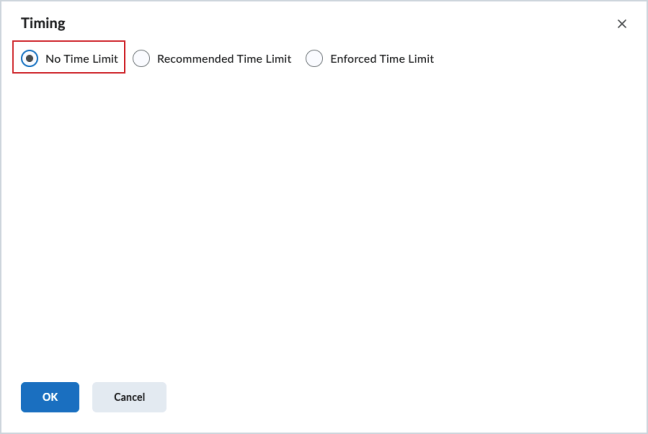 Instructor view of the New Quiz page with the new default No Time Limit option selected