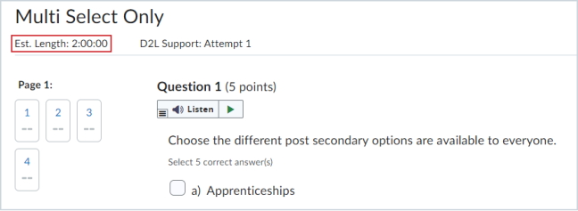 Learner view of a quiz attempt in progress before this update, displaying the recommended time limit