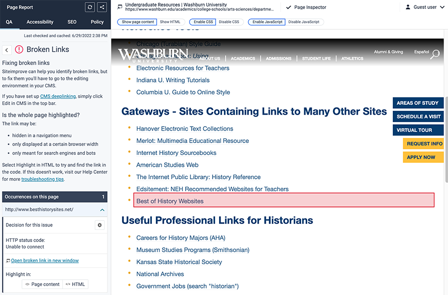 Screenshot of Siteimprove page report that shows and occurrence of besthistorysites.net listed on the left and "Best of History Websites" highlighted on the page with a red box on the right