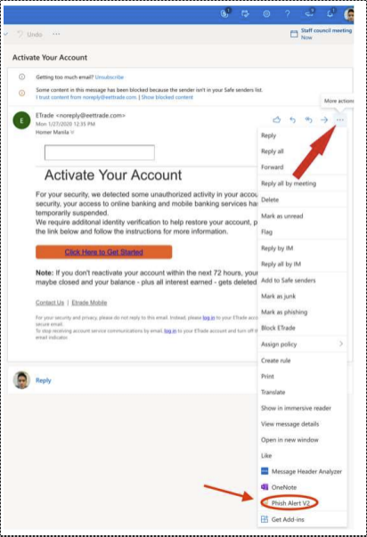phish alert button location in outlook web access